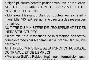 LE CHEF DE L'ETAT SIGNE PLUSIEURS DECRETS PORTANT MESURES INDIVIDUELLES